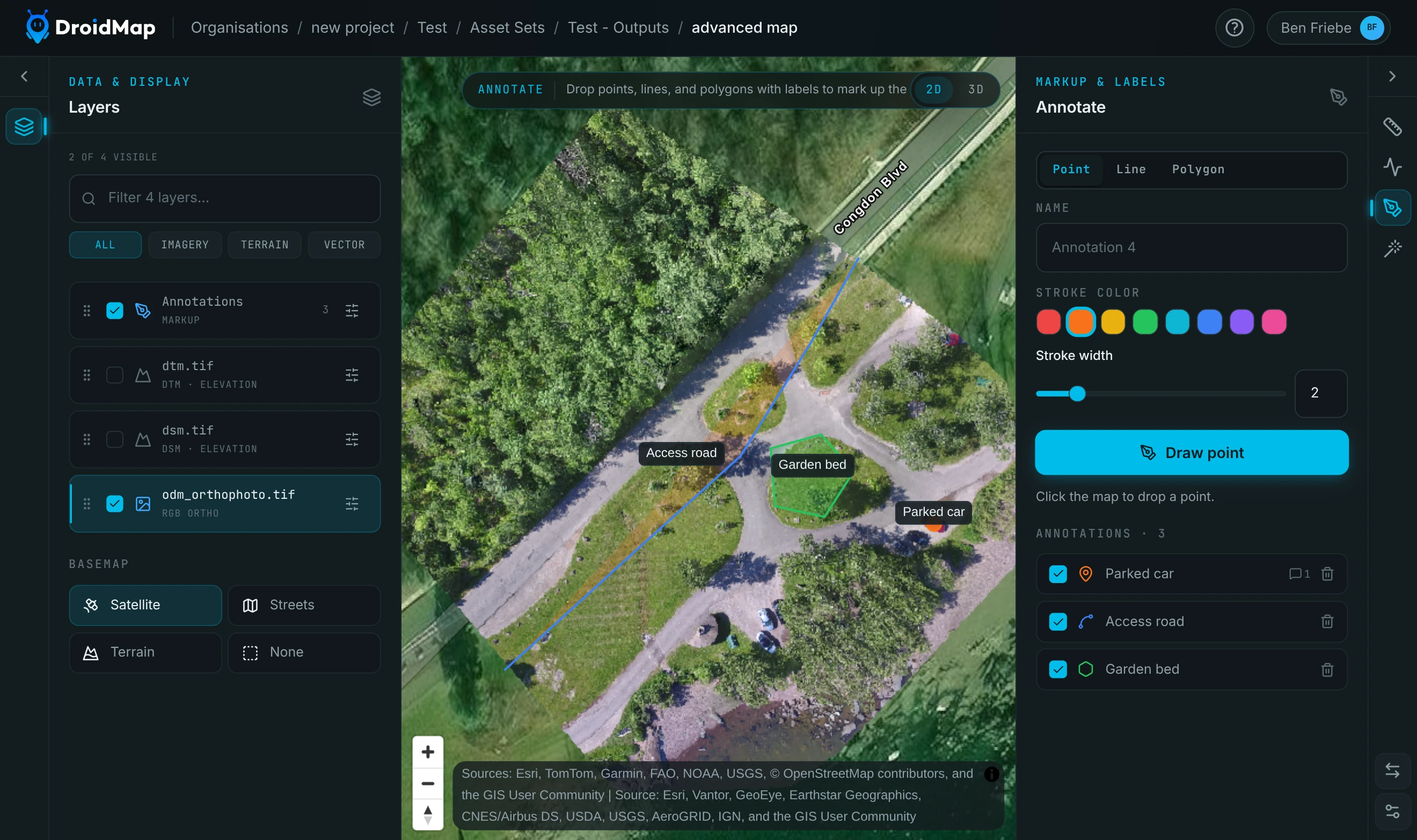 The advanced map reopened later, with all three annotations and the comment still there