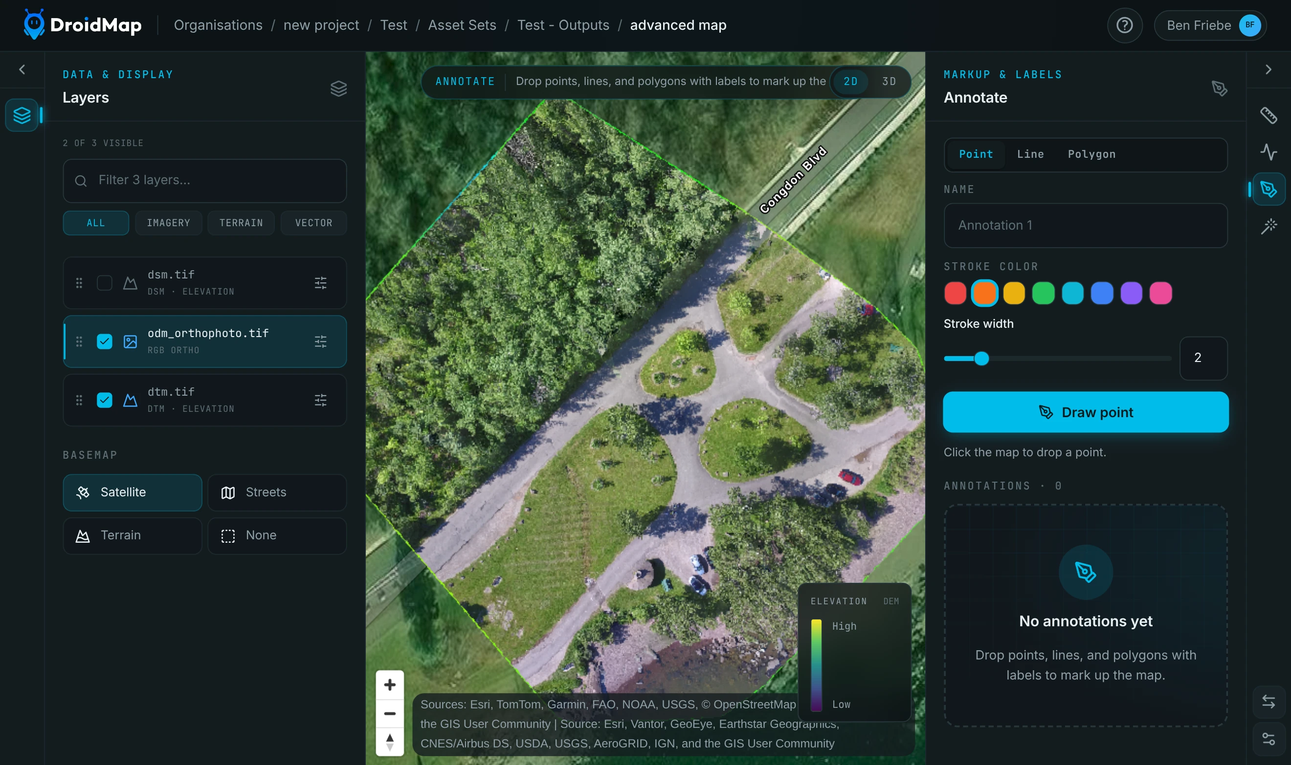 The Annotate panel open beside the orthomosaic, with no annotations yet