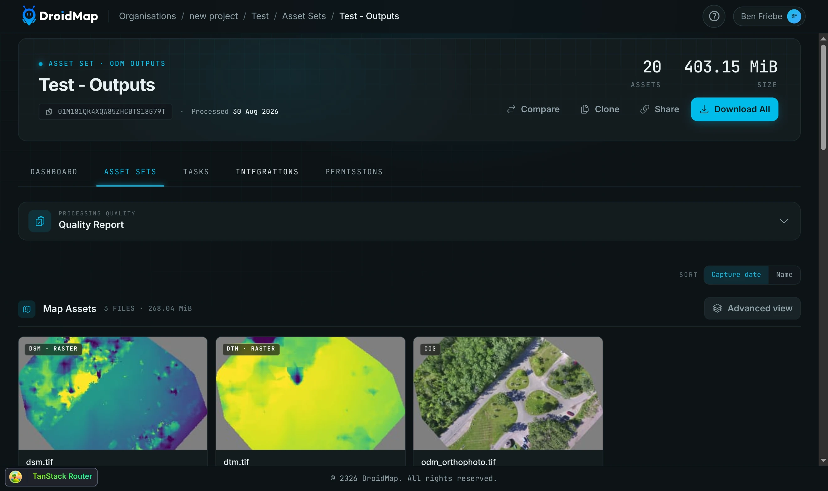 An asset set page, with the orthomosaic card and the Advanced view button in the Map Assets section